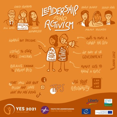 Graphic recording for YES 2021 about leadership and activism.