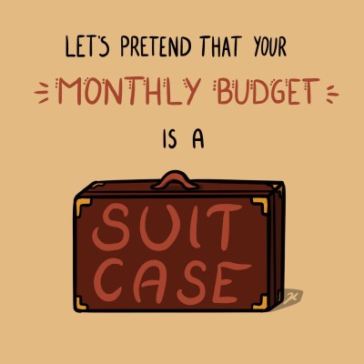 Drawing of a suitcase with the text: "Let's pretend that your monthly budget is a suitcase"