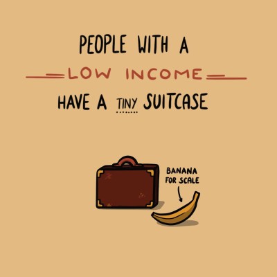 A drawing of a small suitcase, the size of the banana that is there for scale. Above it the text: "People with a low income have a tiny suitcase."