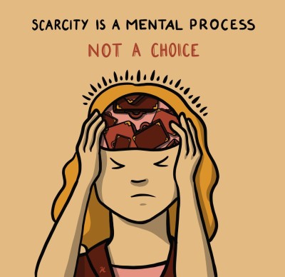 A woman holding her head, we can peek inside her head, which is full of suitcases. "Scarcity is a process, not a choice"