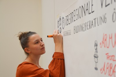 Hanna drawing a live visual recording on a 1 meter by 2 meter sheet of paper.